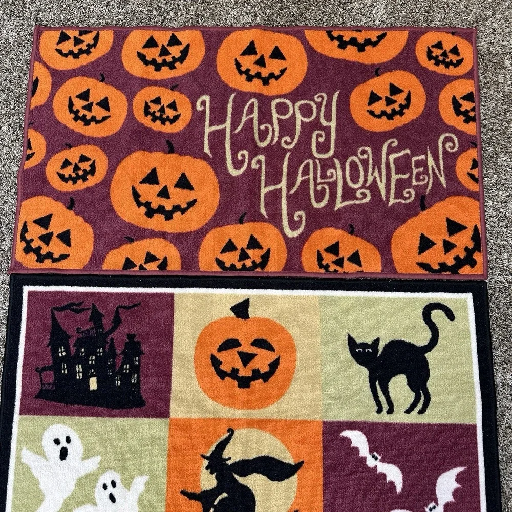 Lot of 2 Halloween Accent Rugs Doormats Pumpkins, Ghosts, Witch, Black Cat 45x26